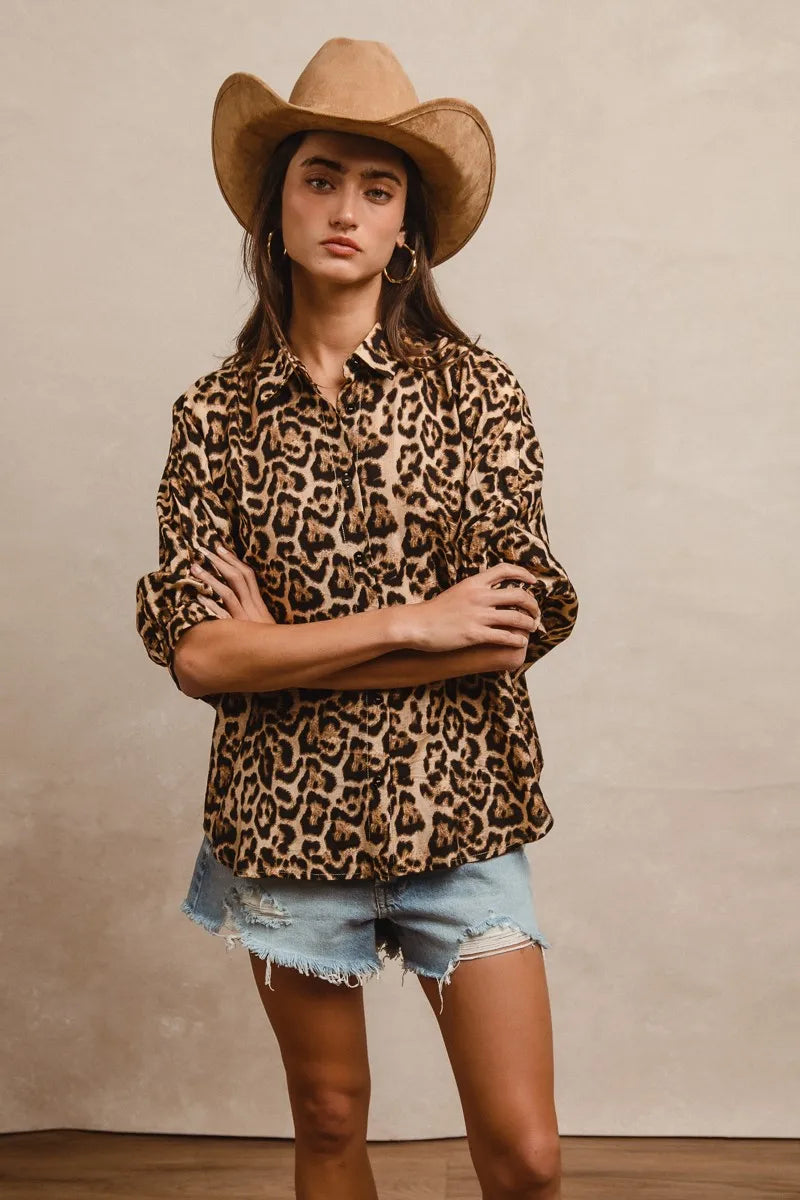 BiBi Leopard Prints Oversized Short Sleeves Top Tops