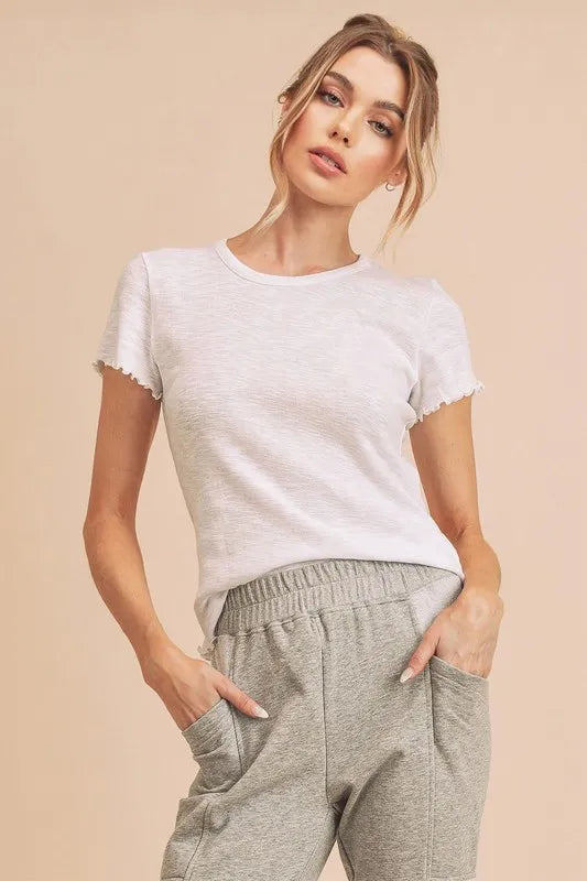Aemi+Co Round Neck Lettuce Hem Short Sleeve T-Shirt WHITE