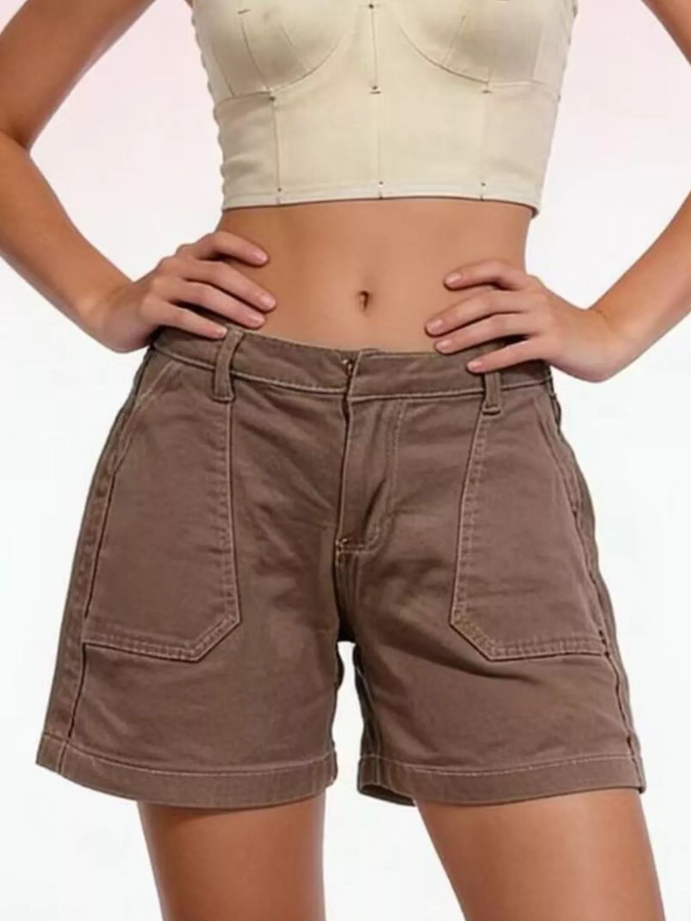 Daverri Pocketed Denim Shorts: brown cargo with front pockets, button closure