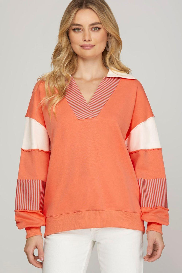 She + Sky Full Size Color Block Sleeve Johnny Collar French Terry Sweatshirt Plus Size Orange Sweatshirts