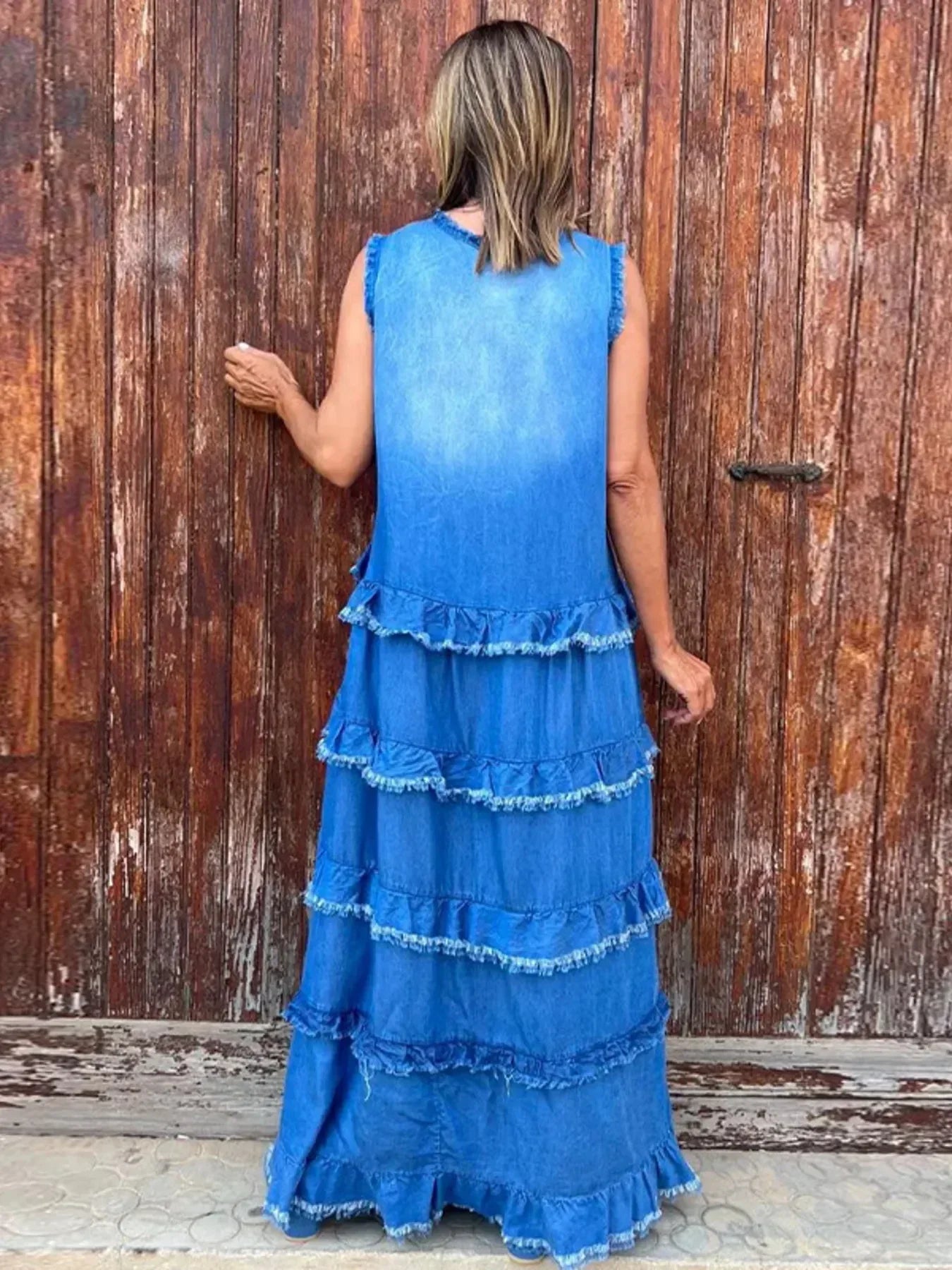 Raw Hem Layered Denim Maxi Dress - DAVERRI FASHIONS