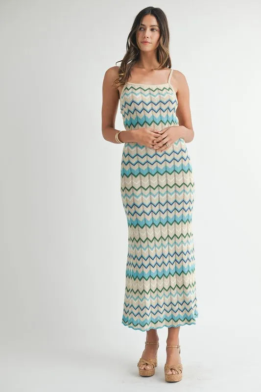 MABLE Lightweight Pointelle Chevron Knit Maxi Dress