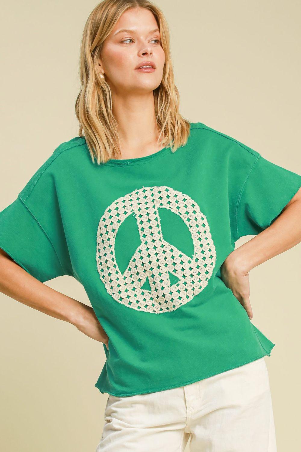 Umgee Full Size Mineral Wash T-Shirt with Lace Applique Plus Size Green T-Shirts