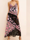 Black and pink floral print midi dress with lace trim and ruffles