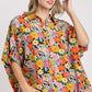 Umgee Full Size Flower Print Boxy Cut Button Down Shirt BLACK MIX Shirts