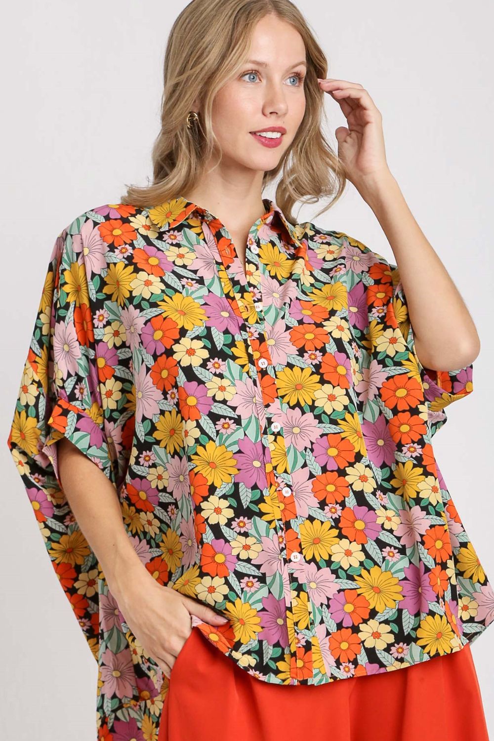 Umgee Full Size Flower Print Boxy Cut Button Down Shirt BLACK MIX Shirts