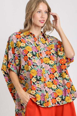 Umgee Full Size Flower Print Boxy Cut Button Down Shirt - DAVERRI FASHIONS