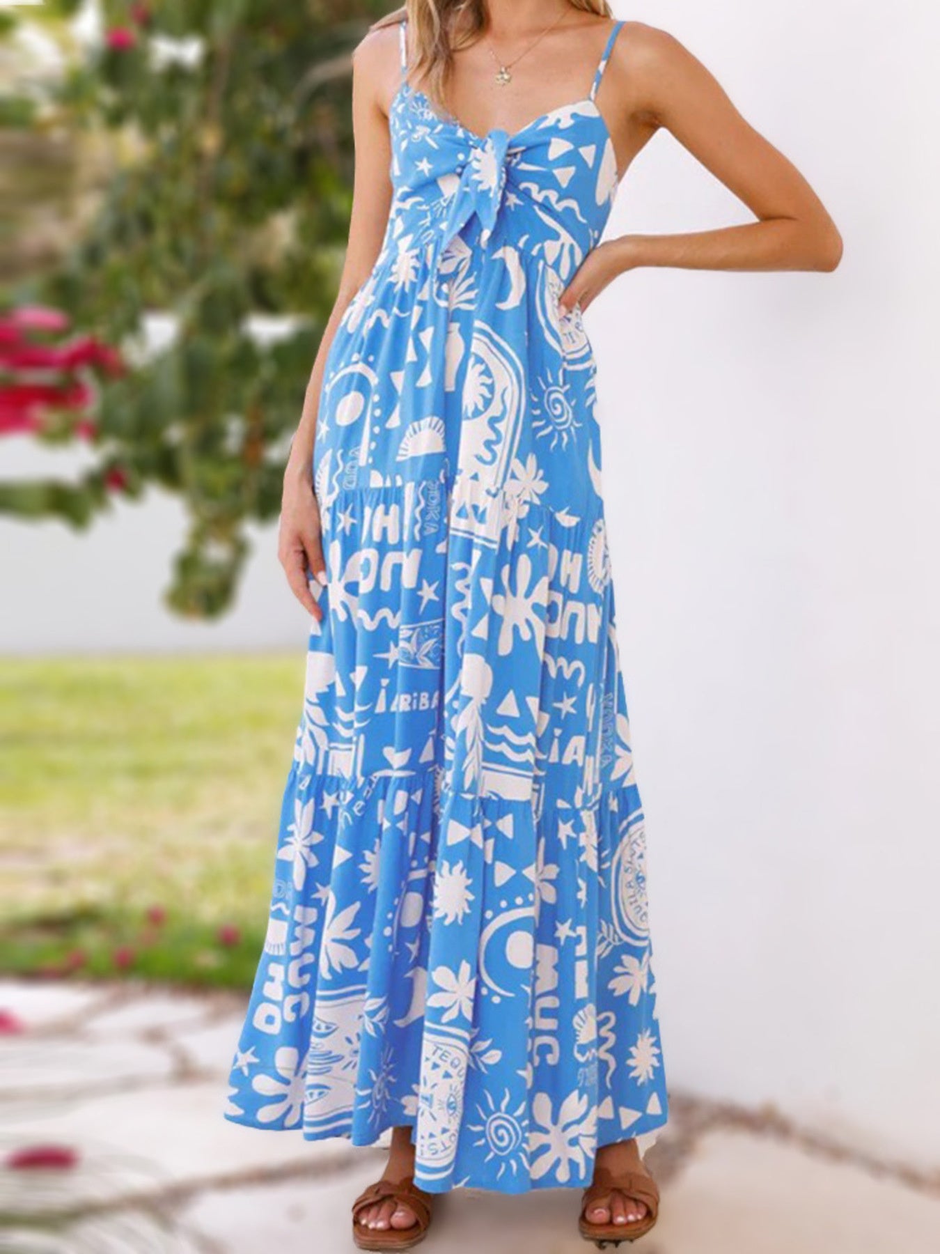 Printed tie-front maxi dress in vibrant blue with white abstract pattern