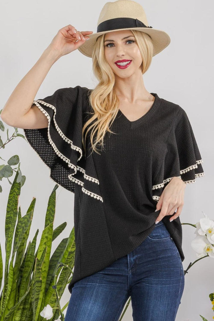 Celeste Full Size V-Neck Lace Trim Flutter Sleeve Top BLACK Shirts & Tops