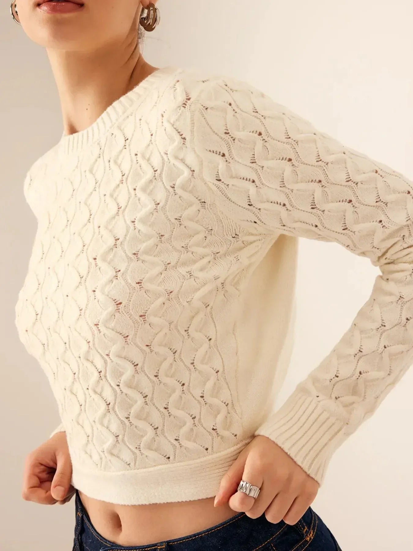 Cutout Bow Back Texture Round Neck Sweater - DAVERRI FASHIONS