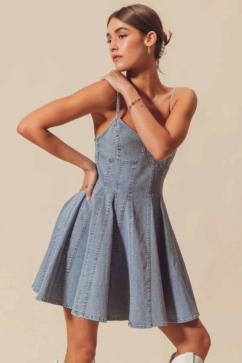 Light blue SO ME A-line fit and flare denim mini dress with thin straps