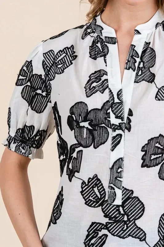 Lime 'N' Chili Embroidered Split Neck Puff Sleeve Blouse - DAVERRI FASHIONS