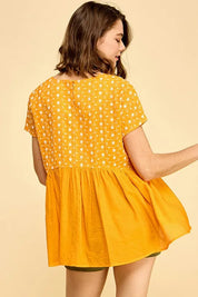 Lime 'N' Chili Embroidered Short Sleeve Pleated Babydoll Top | Tops Daverri Fashions