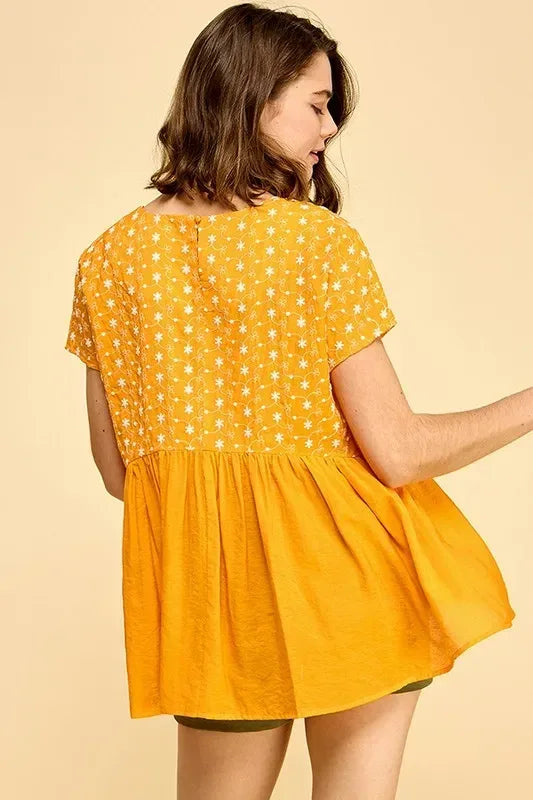 Lime 'N' Chili Embroidered Short Sleeve Pleated Babydoll Top - DAVERRI FASHIONS