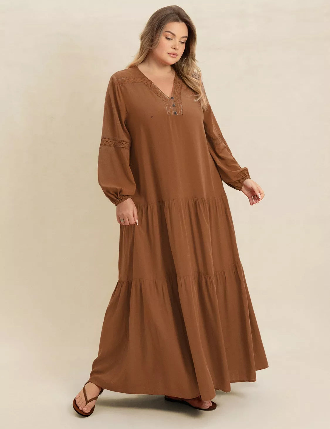 Caramel Plus Size Bohemian Tiered Maxi Dress with Balloon Sleeves | Maxi Dresses Daverri Fashions