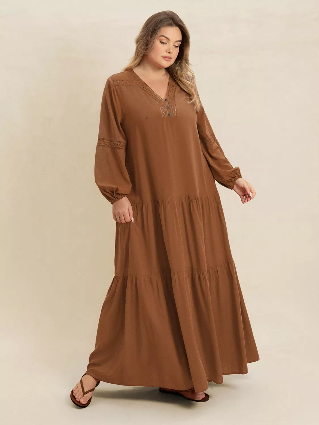 Caramel Plus Size Bohemian Tiered Maxi Dress with Balloon Sleeves | Maxi Dresses Daverri Fashions