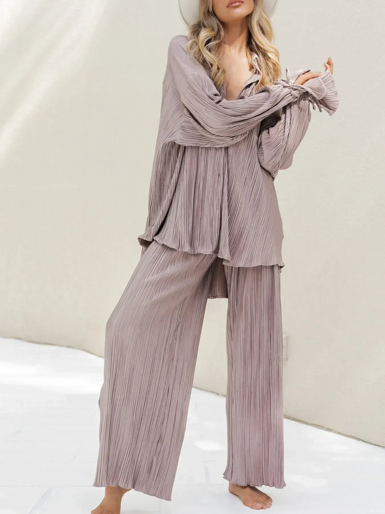 Button Up Long Sleeve Top and Pants Set - DAVERRI FASHIONS