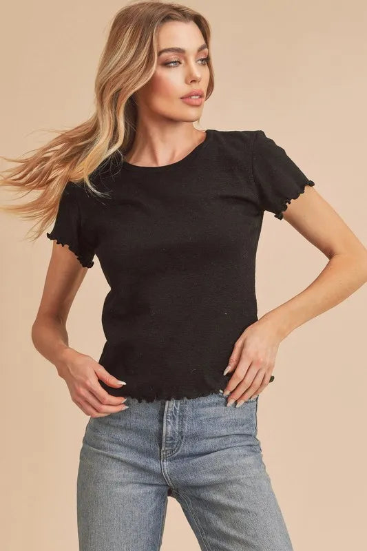 Aemi+Co Round Neck Lettuce Hem Short Sleeve T-Shirt