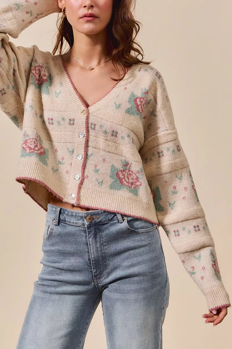 SO ME Floral Pattern Long Sleeve Button Sweater Cardigan | Cardigans Daverri Fashions
