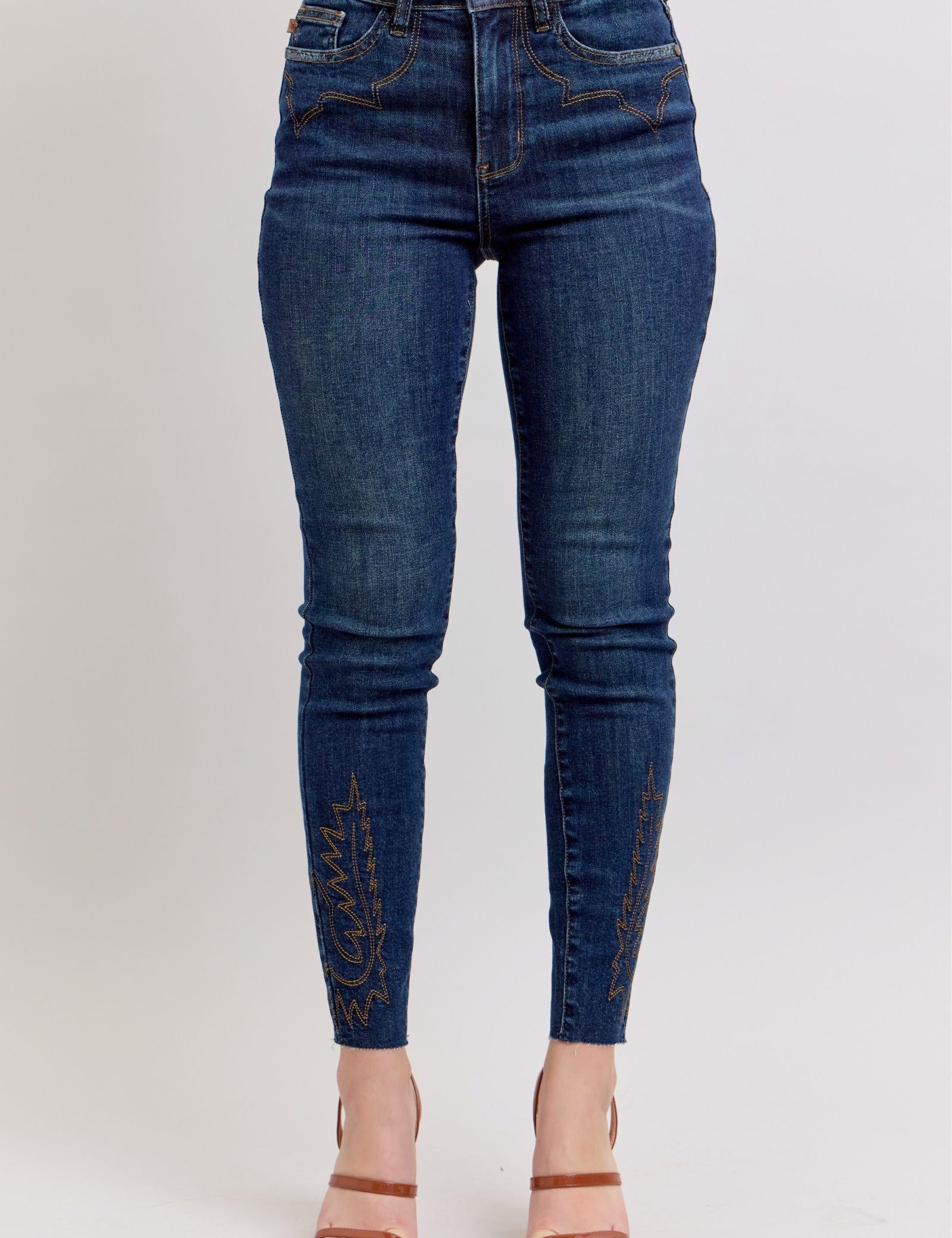Dark Judy Blue Full Size Embroidered High Rise Skinny Jeans Plus Size | Jeans Daverri Fashions