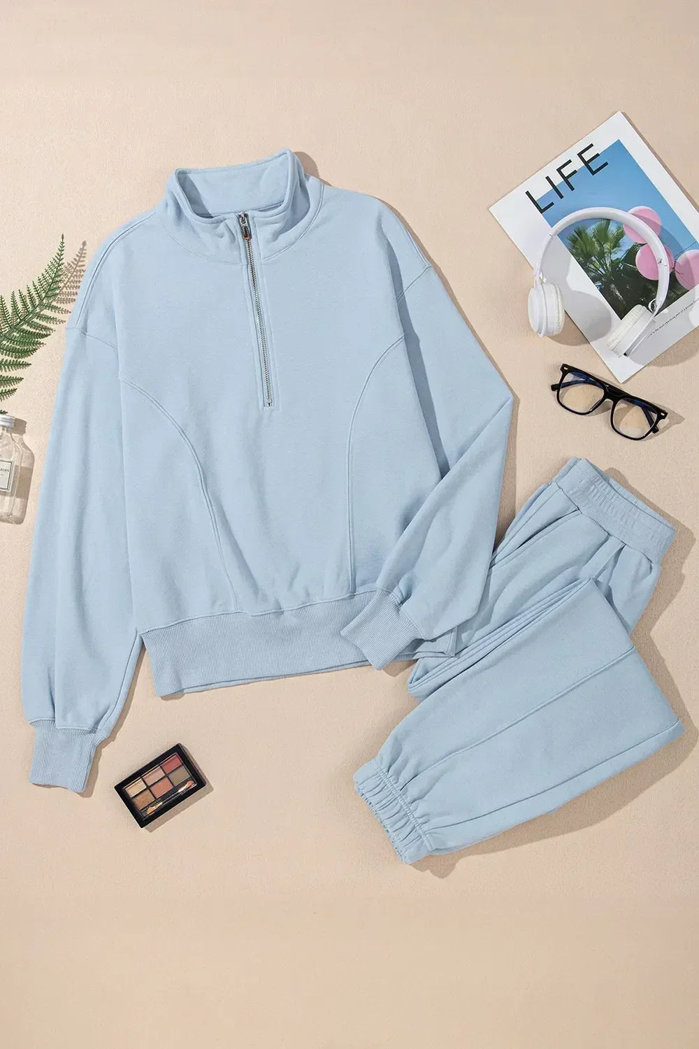 Half Zip Long Sleeve Top and Joggers Set - DAVERRI FASHIONS