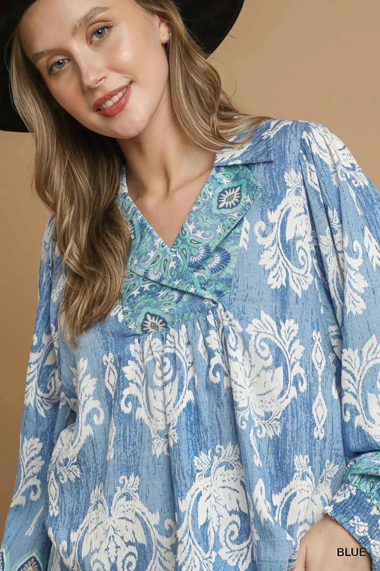 Umgee Printed Long Sleeve Blouse Blouses