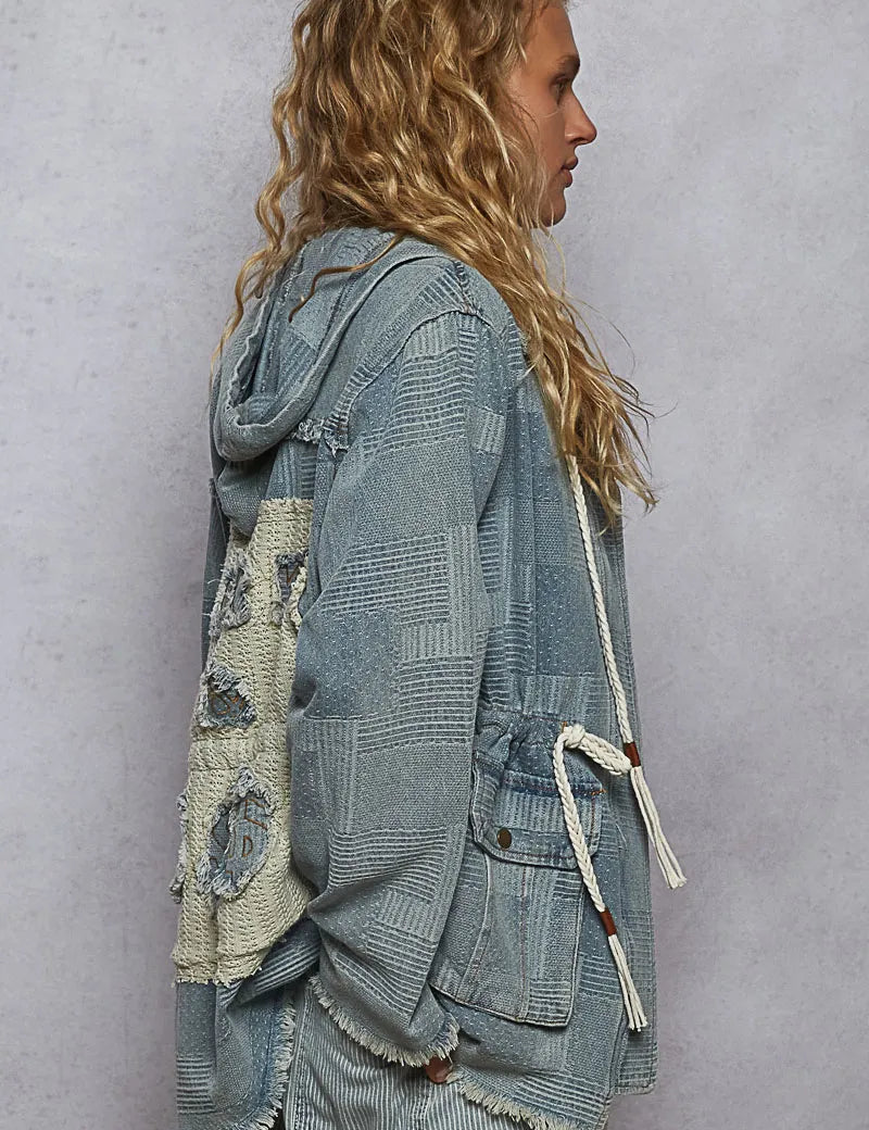 POL Raw Hem Drawstring Zip Up Hooded Denim Jacket | Denim Jackets Daverri Fashions