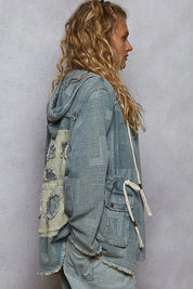 POL Raw Hem Drawstring Zip Up Hooded Denim Jacket | Denim Jackets Daverri Fashions