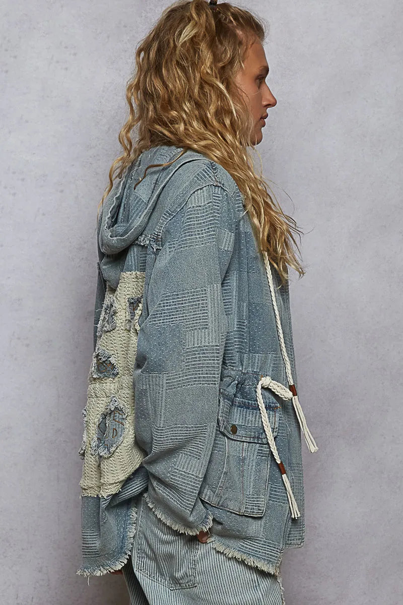 POL Raw Hem Drawstring Zip Up Hooded Denim Jacket Denim Jackets