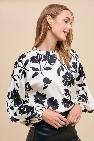 Annie Wear Frill Printed Balloon Sleeve Blouse - DAVERRI FASHIONS