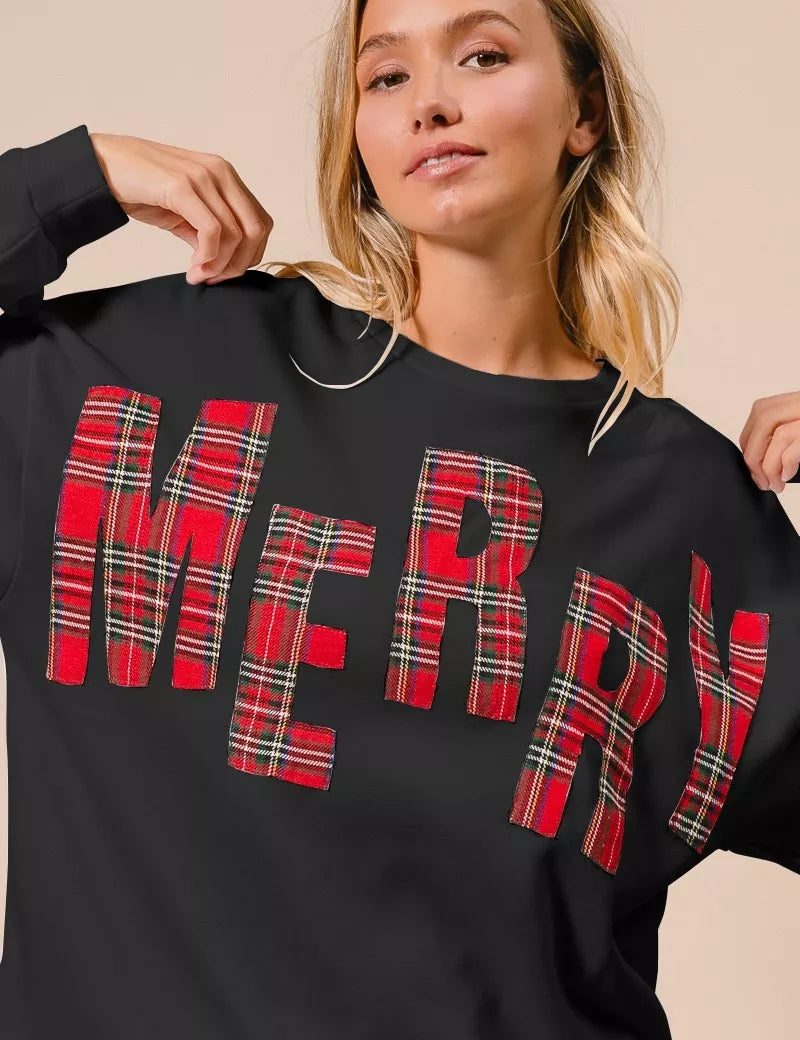 BLACK RED PLAID BiBi Plaid Merry Lettering Christmas Fleece Sweatshirt | Sweatshirts Daverri Fashions