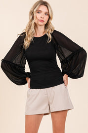 Mittoshop Mixed Media Textured Knit Chiffon Long Sleeve Top Black