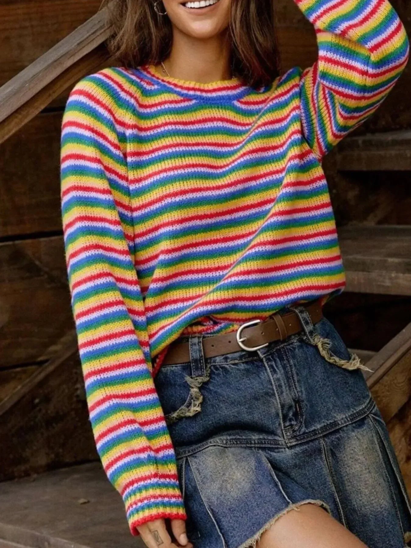 Rainbow Striped Pullover Sweater - DAVERRI FASHIONS
