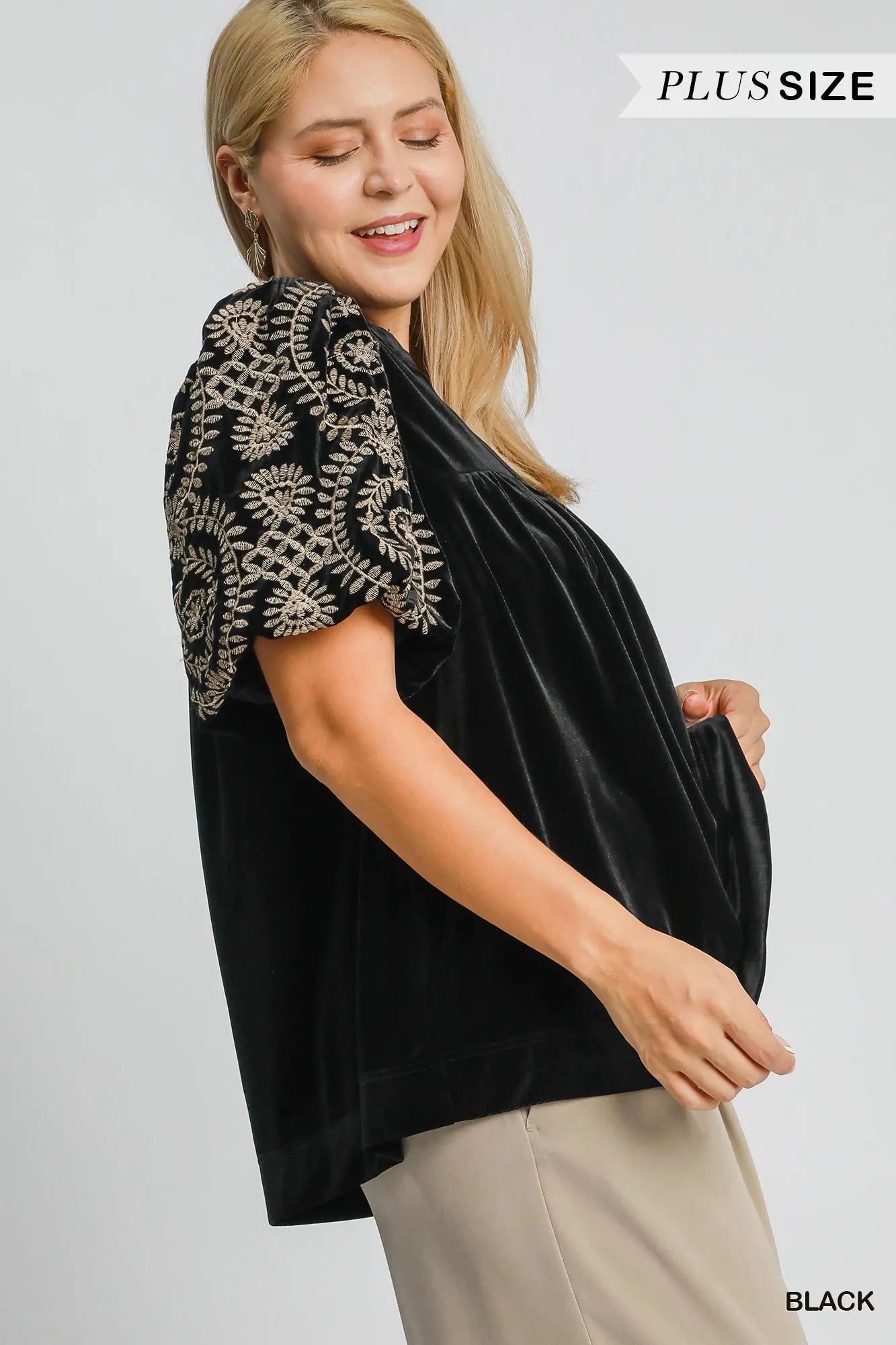 Umgee Full Size Velvet Embroidered Sleeve Blouse Blouses