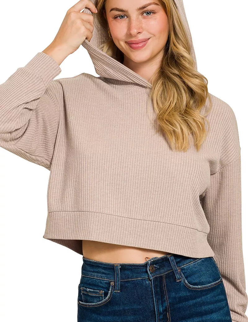 ASH MOCHA Zenana Drop Shoulder Ribbed Crop Hoodie Ash Mocha | Hoodies Daverri Fashions