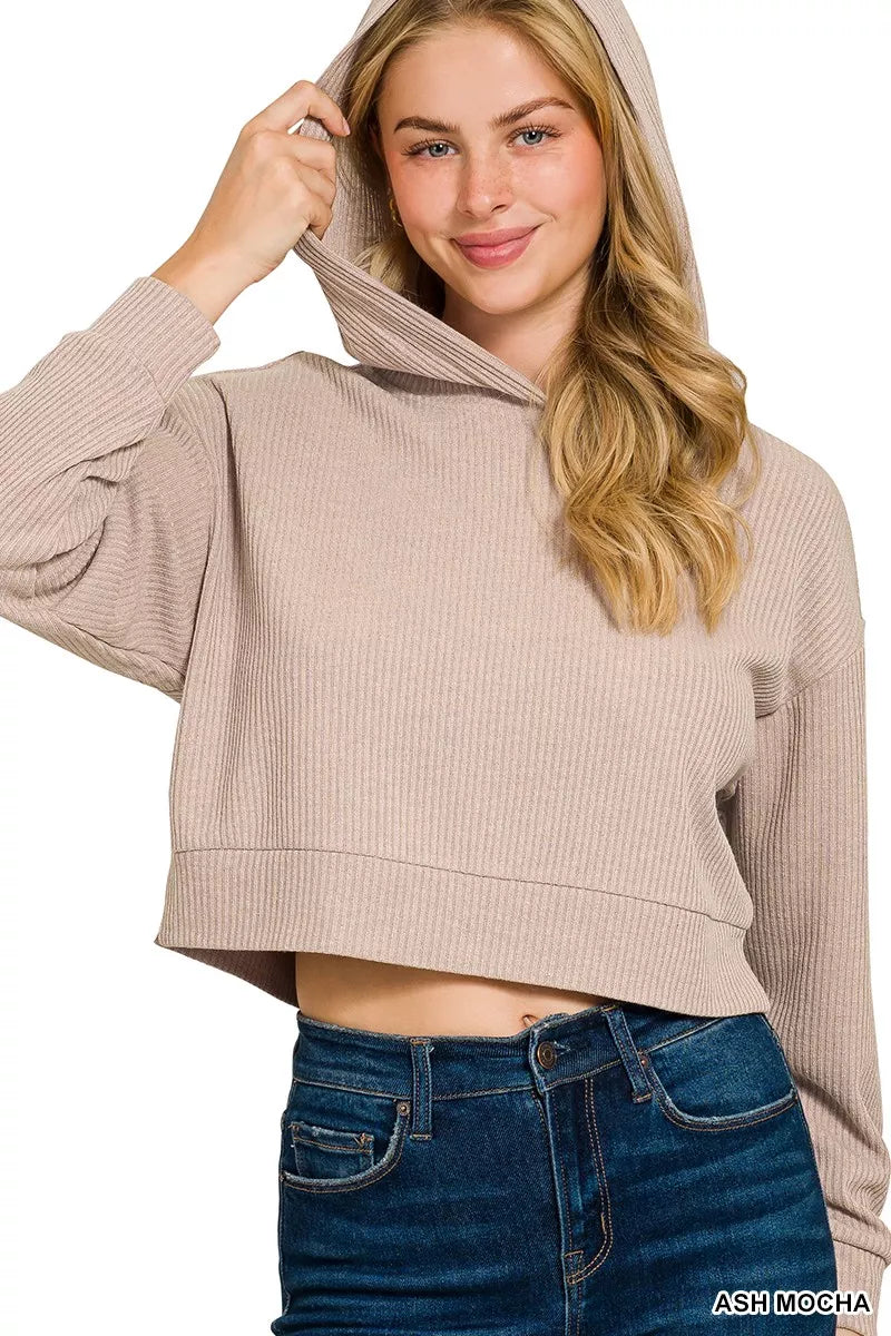 ASH MOCHA Zenana Drop Shoulder Ribbed Crop Hoodie Ash Mocha | Hoodies Daverri Fashions
