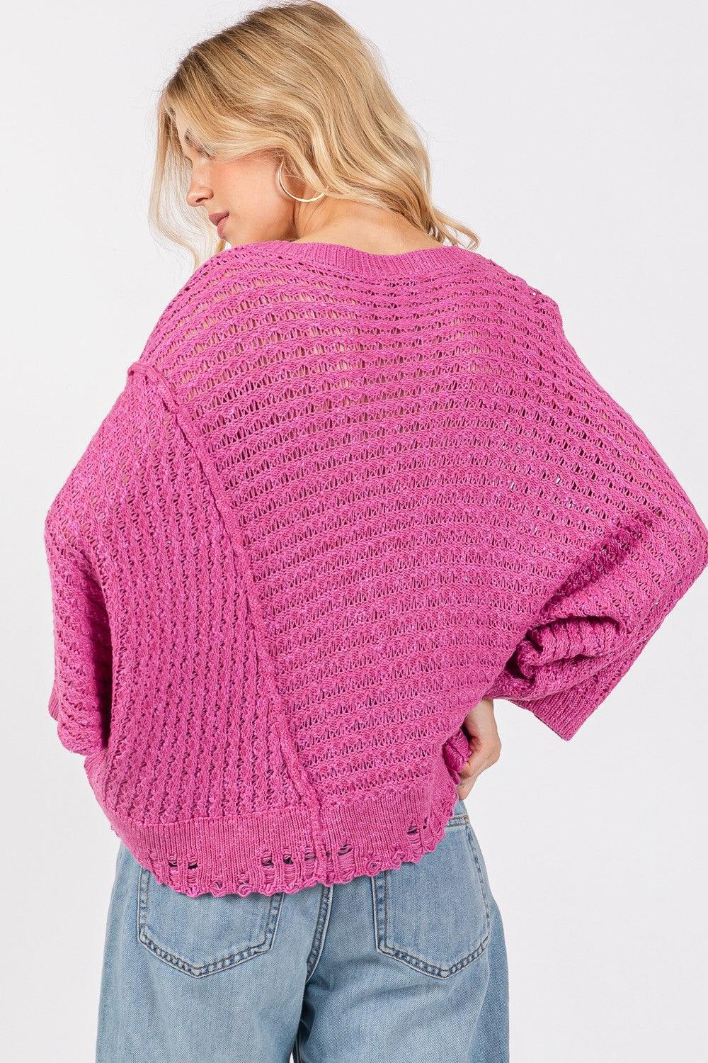 SAGE + FIG Magenta Distressed Asymmetrical Open Stitch Sweater - DAVERRI FASHIONS