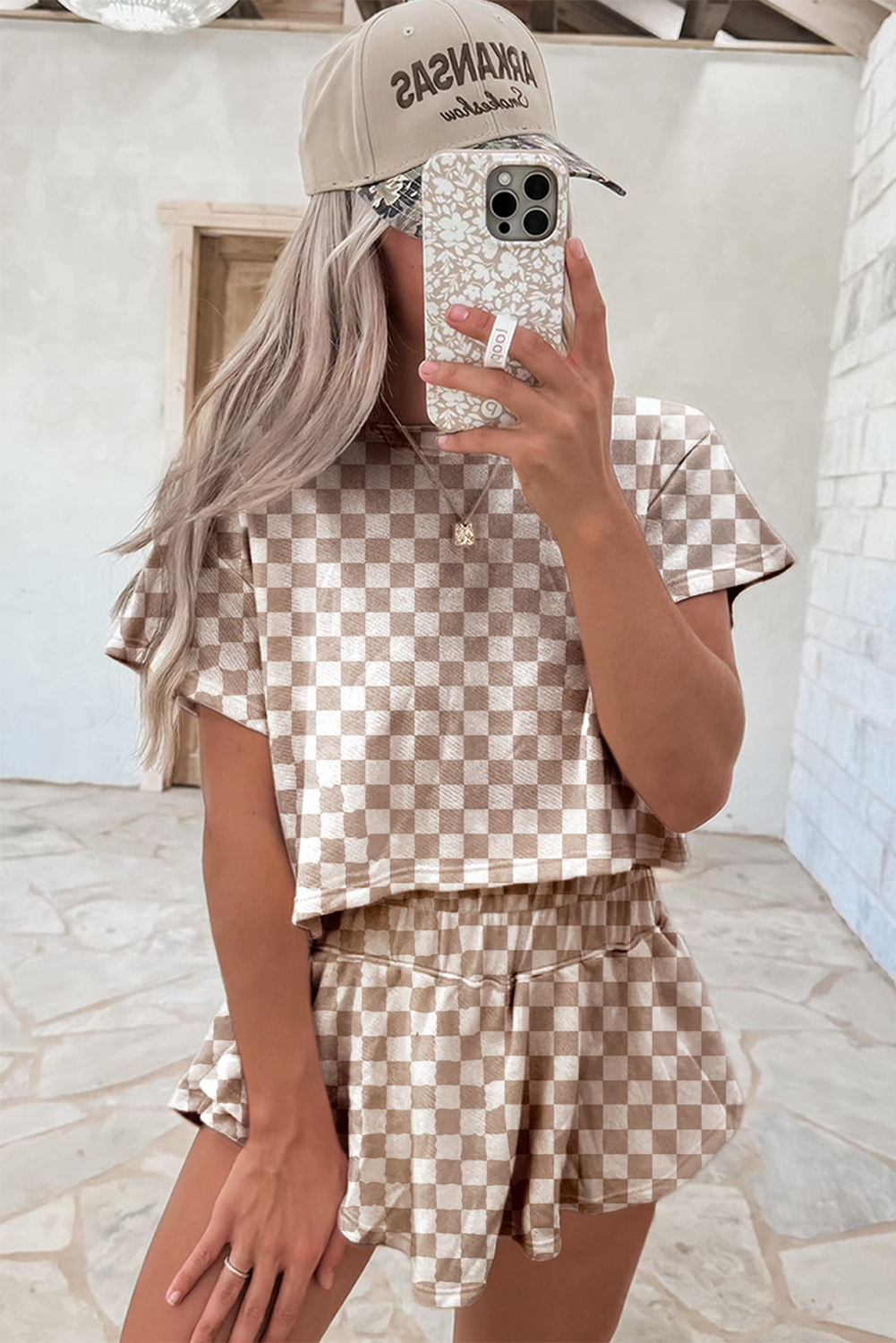 Pink Checkerboard T Shirt and High Waist Skorts 2 Piece Outfit | Two Piece Sets/Short Sets Daverri Fashions