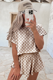 Pink Checkerboard T Shirt and High Waist Skorts 2 Piece Outfit | Two Piece Sets/Short Sets Daverri Fashions