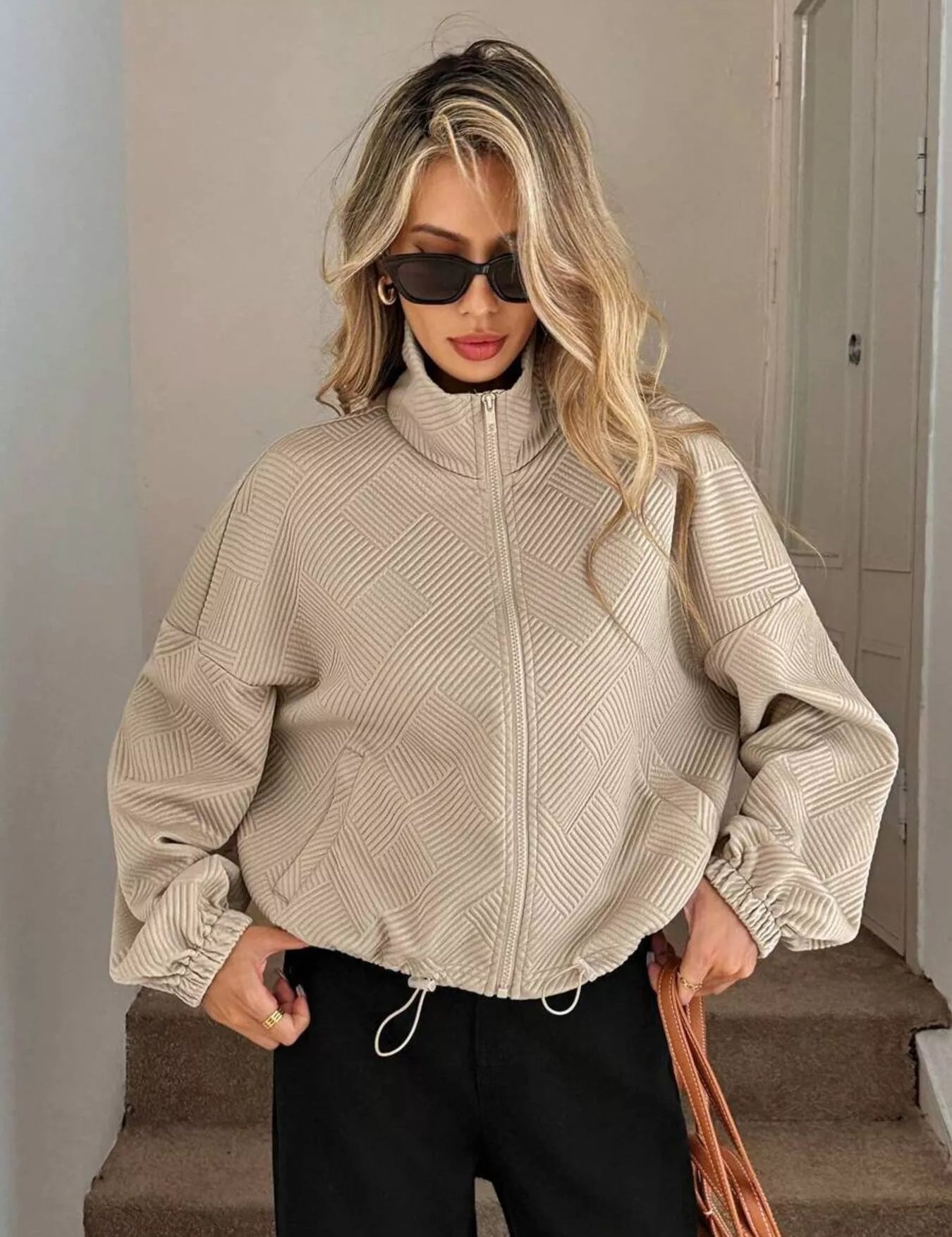 Drawstring Hem Textured Long Sleeve Jacket | Jackets Daverri Fashions