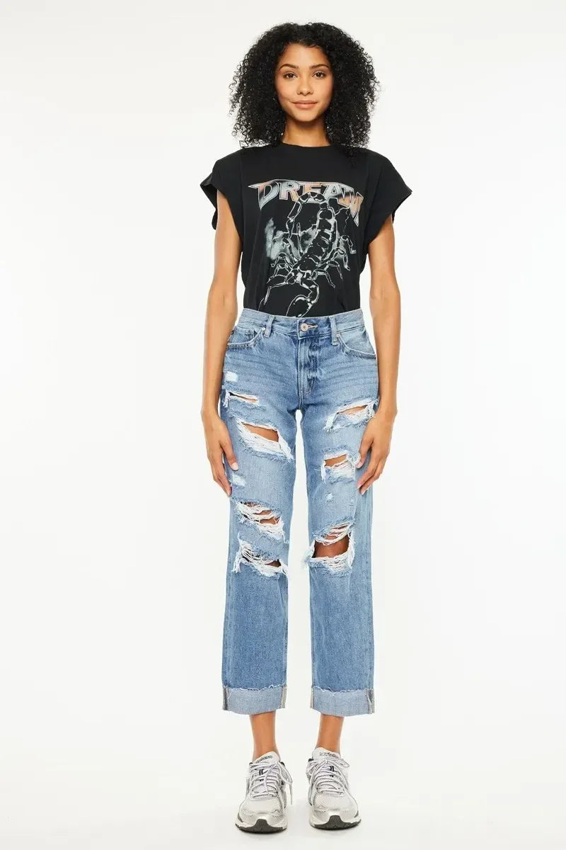 Kancan Mid Rise Distressed Boyfriend Fit Jeans - DAVERRI FASHIONS