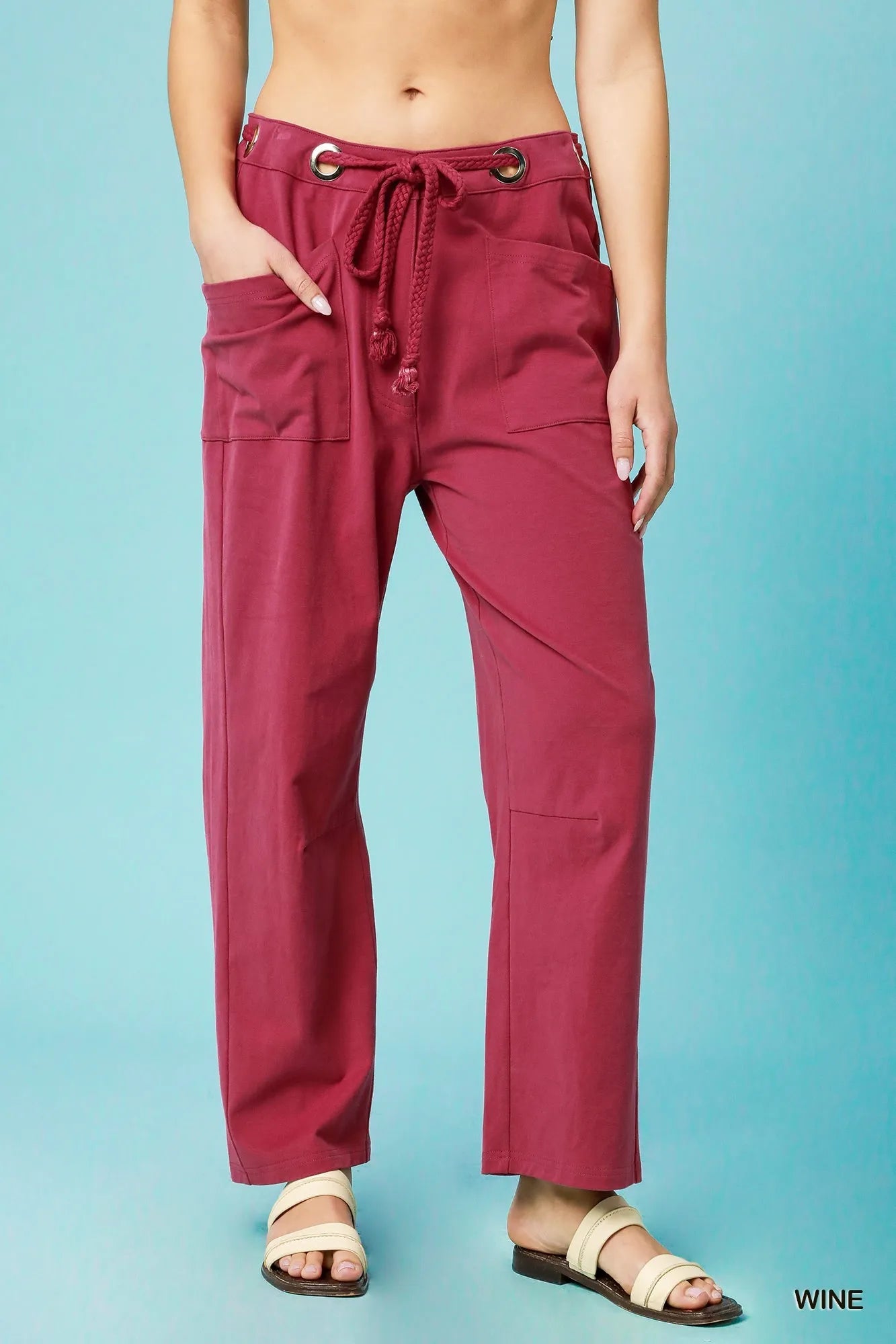 Umgee Drawstring Wide Leg Casual Pants WINE