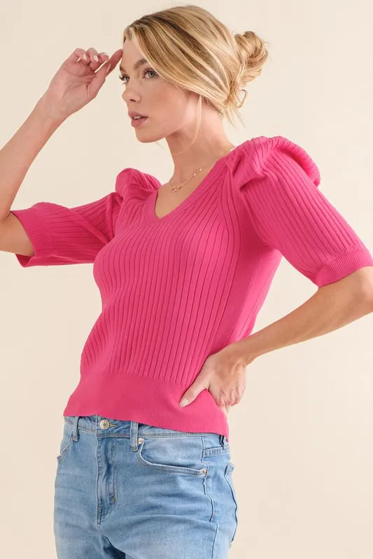 And The Why Puffed Half Sleeve Rib Basic Top Tops