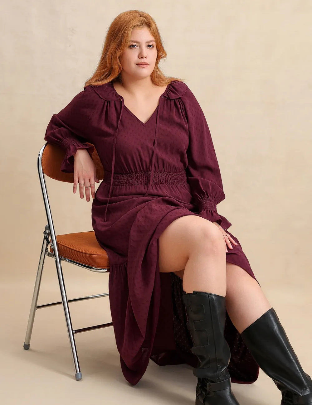 Plus Size Swiss Dot Tie Neck Flounce Sleeve Maxi Dress | Maxi Dresses Daverri Fashions