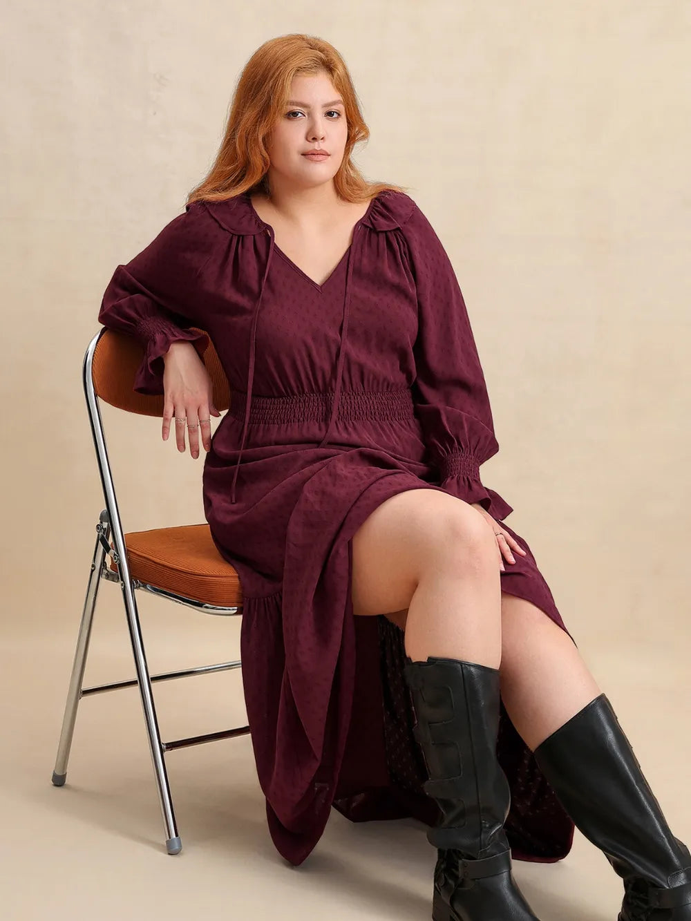 Plus Size Swiss Dot Tie Neck Flounce Sleeve Maxi Dress | Maxi Dresses Daverri Fashions