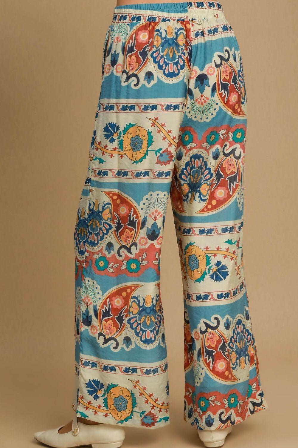 Umgee Full Size Wide Leg Border Print Pants Plus Size Pants
