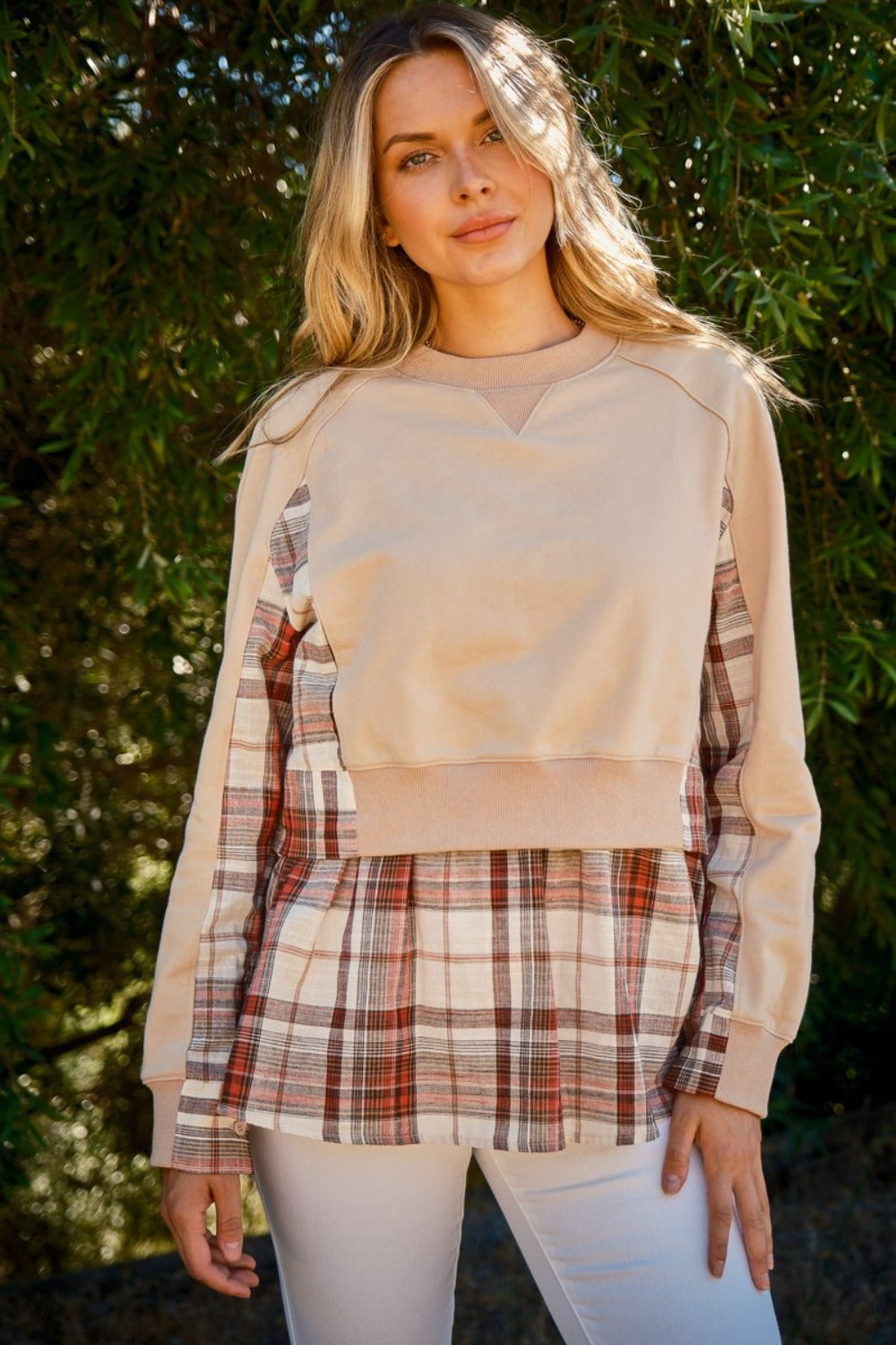 And The Why Full Size Double Layered Plaid Contrast Sweatshirt Taupe Sweatshirts