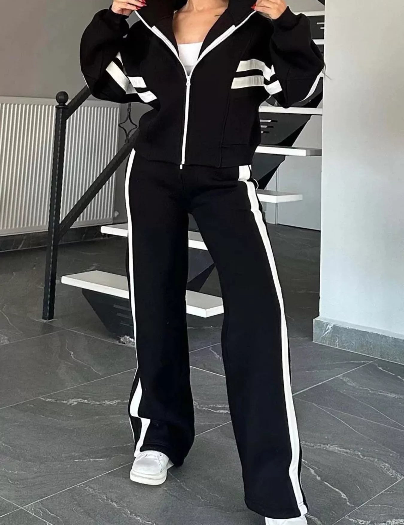 Full Size Contrast Stripe Zip Up Jacket and Pants Set Plus Size | Loungewear Sets Daverri Fashions