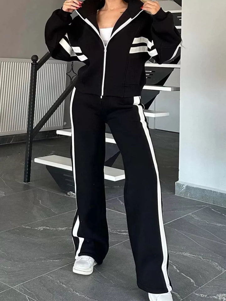 Full Size Contrast Stripe Zip Up Jacket and Pants Set Plus Size | Loungewear Sets Daverri Fashions
