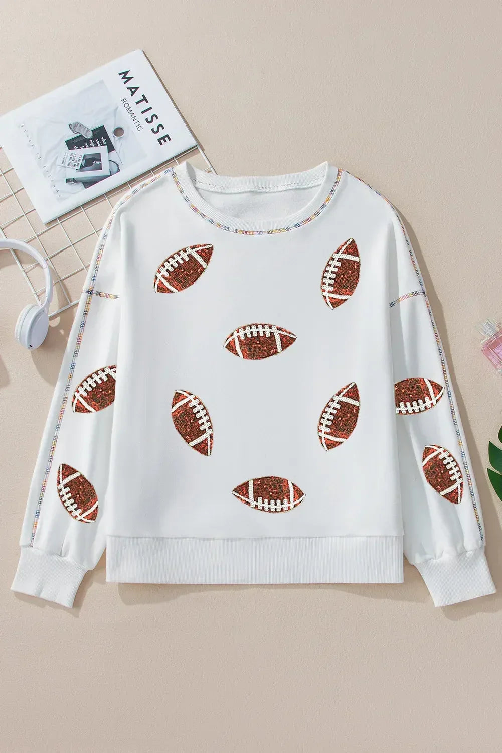 Sequin Football Round Neck Long Sleeve Sweatshirt - DAVERRI FASHIONS